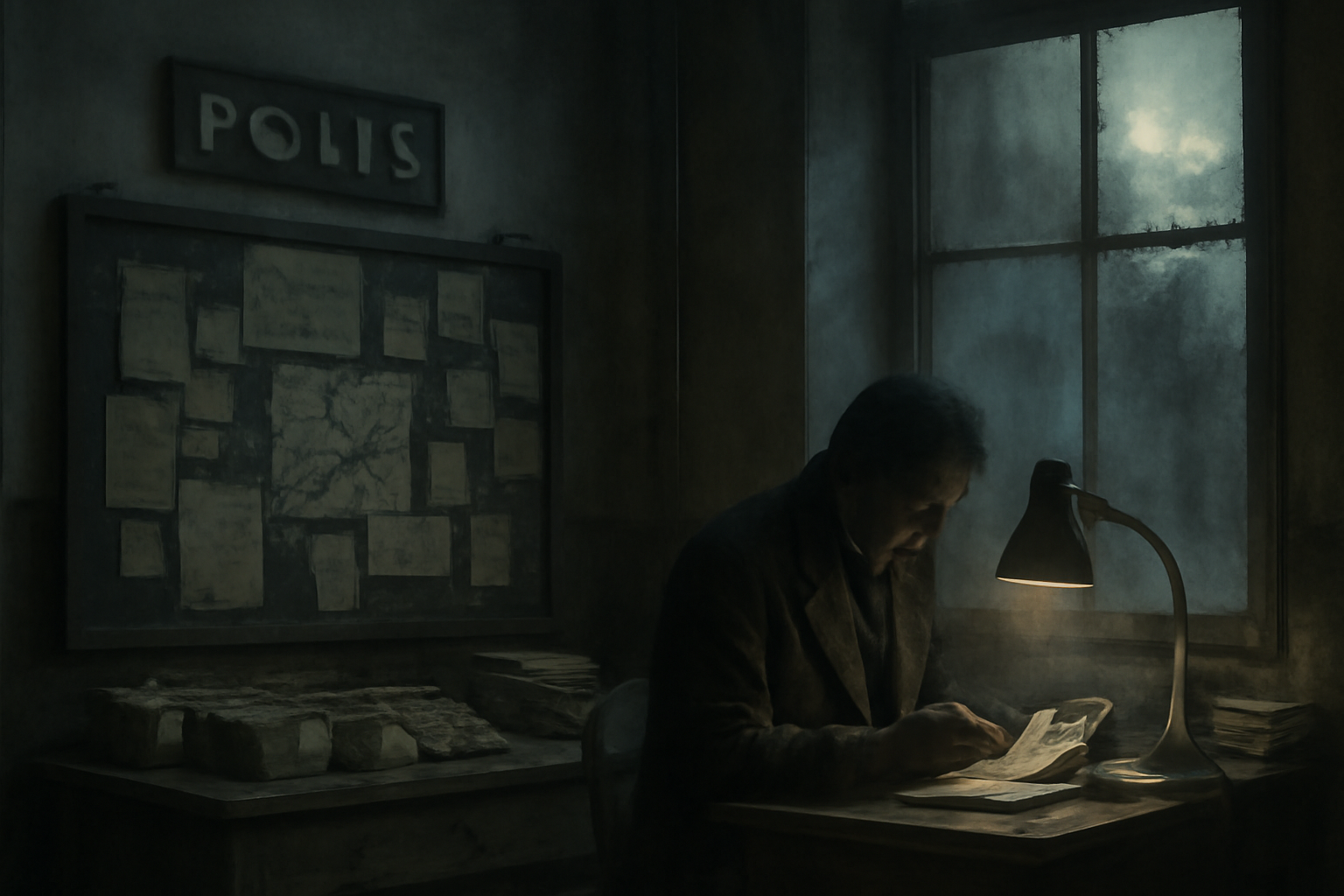 A dim police office with files, evidence, and a weary inspector at work