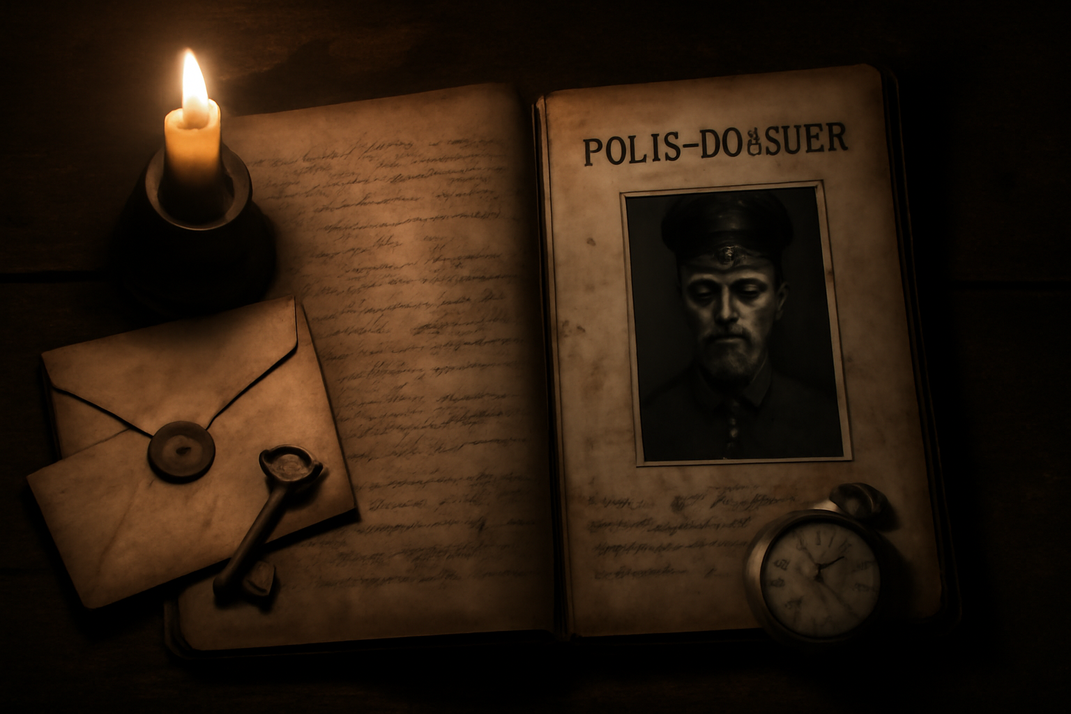 A dossier spread across a desk in candlelight